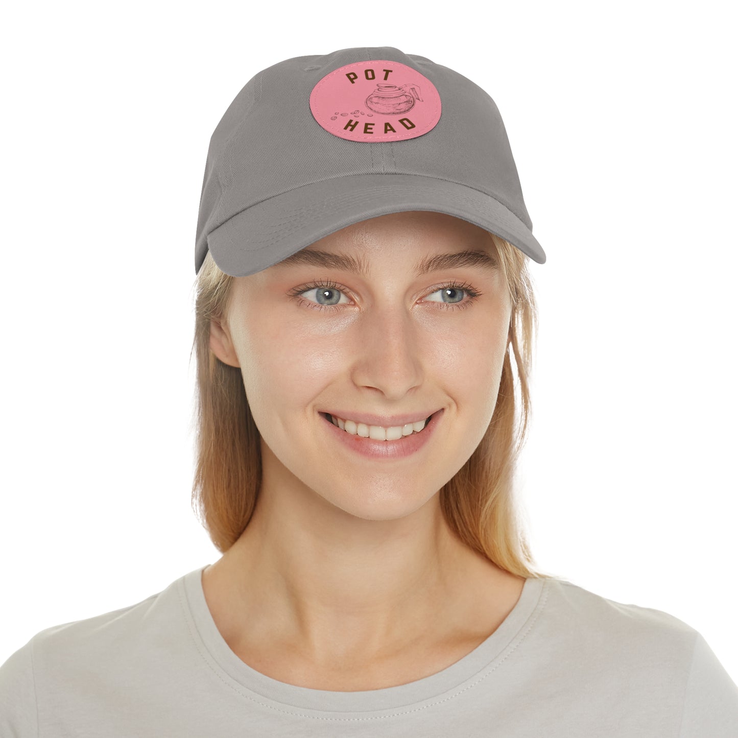 Pot Head - Coffee Leather Patch Dad Hat — Embossed Round Patch Cap for Coffee Lovers