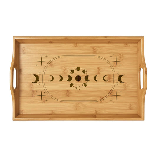 Celestial Engraved Bamboo Serving Tray — Lunar Moon Phase Design