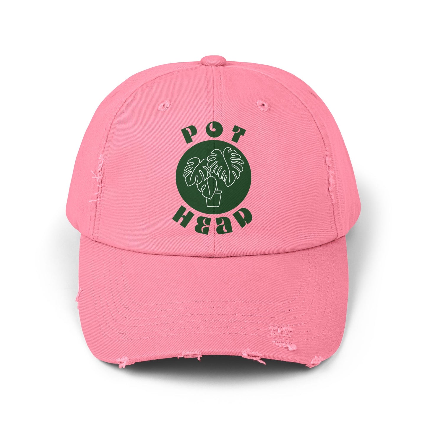 "Pot Head" Plant Lover's Distressed Cap - Green Monstera Fan Baseball Hat