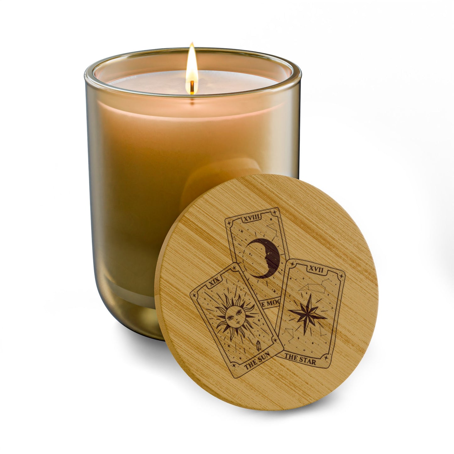 14oz Tarot Card Engraved Soy Candle — Moon, Stars & Sun Tarot Card w/Bamboo Lid