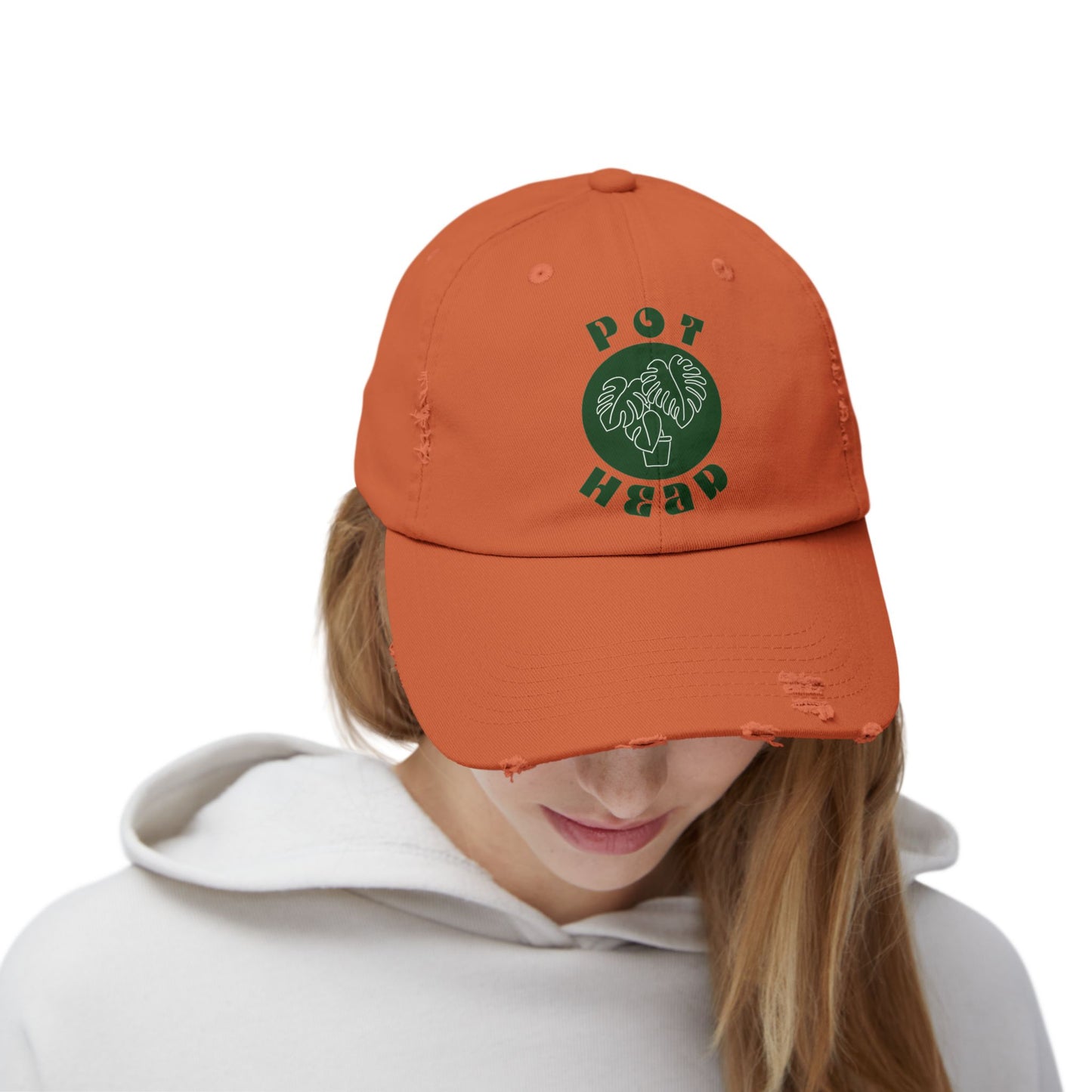 "Pot Head" Plant Lover's Distressed Cap - Green Monstera Fan Baseball Hat