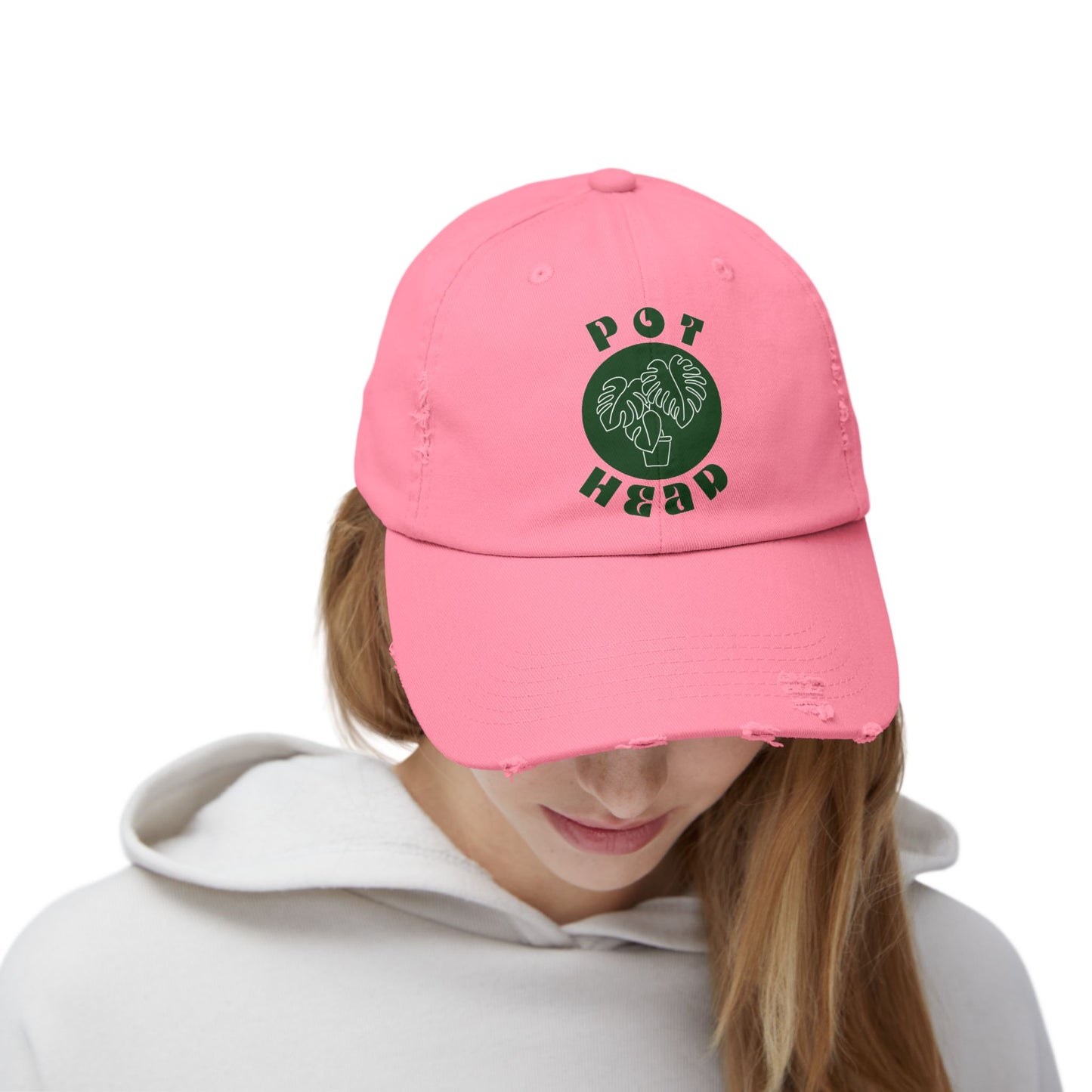 "Pot Head" Plant Lover's Distressed Cap - Green Monstera Fan Baseball Hat