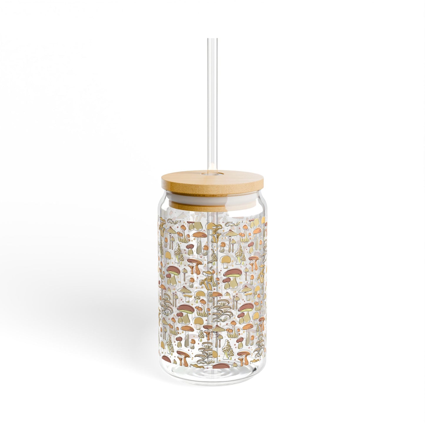 Mushroom Pattern Sipper Glass – 16oz Bamboo Lid & Straw, Botanical Nature Drink Tumbler