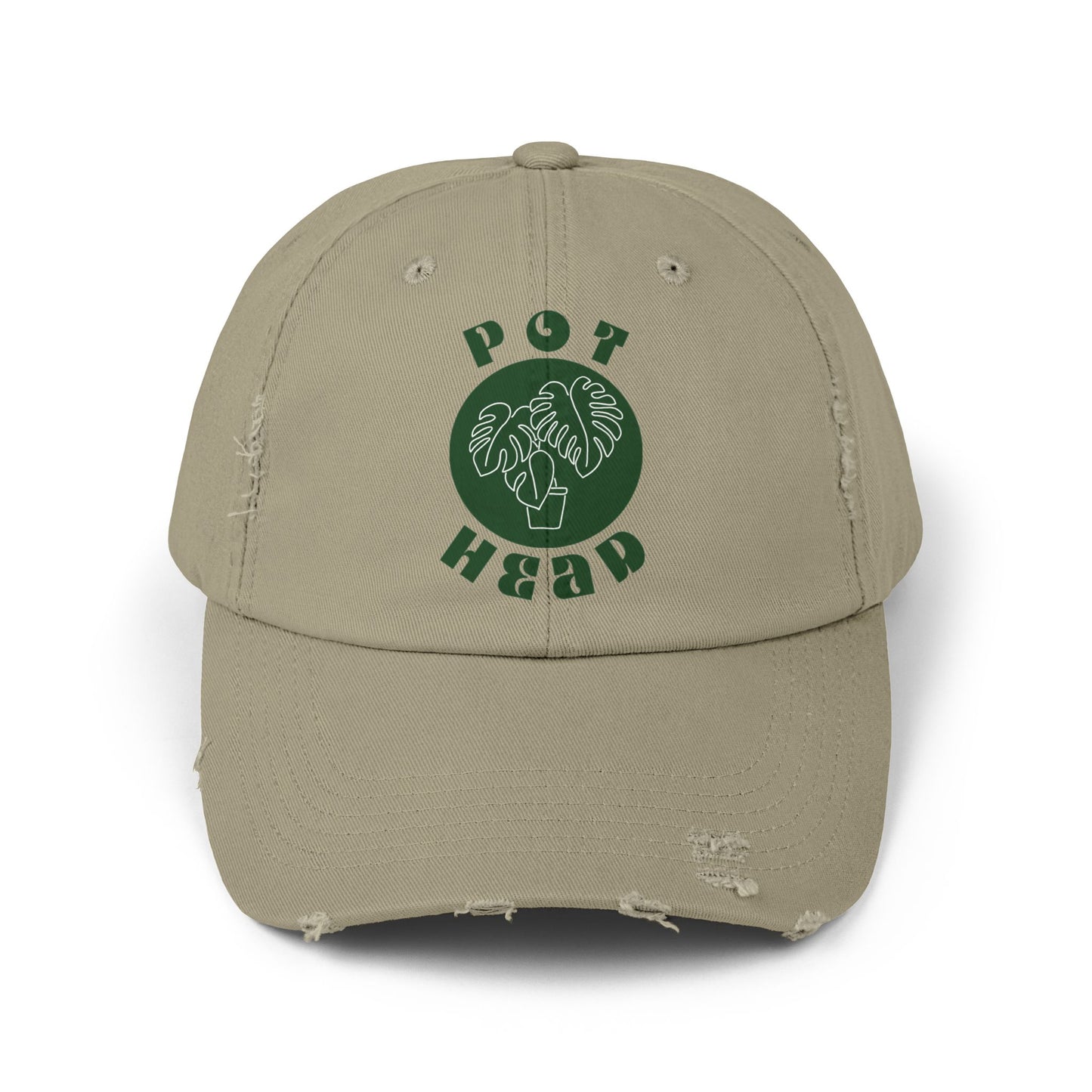"Pot Head" Plant Lover's Distressed Cap - Green Monstera Fan Baseball Hat