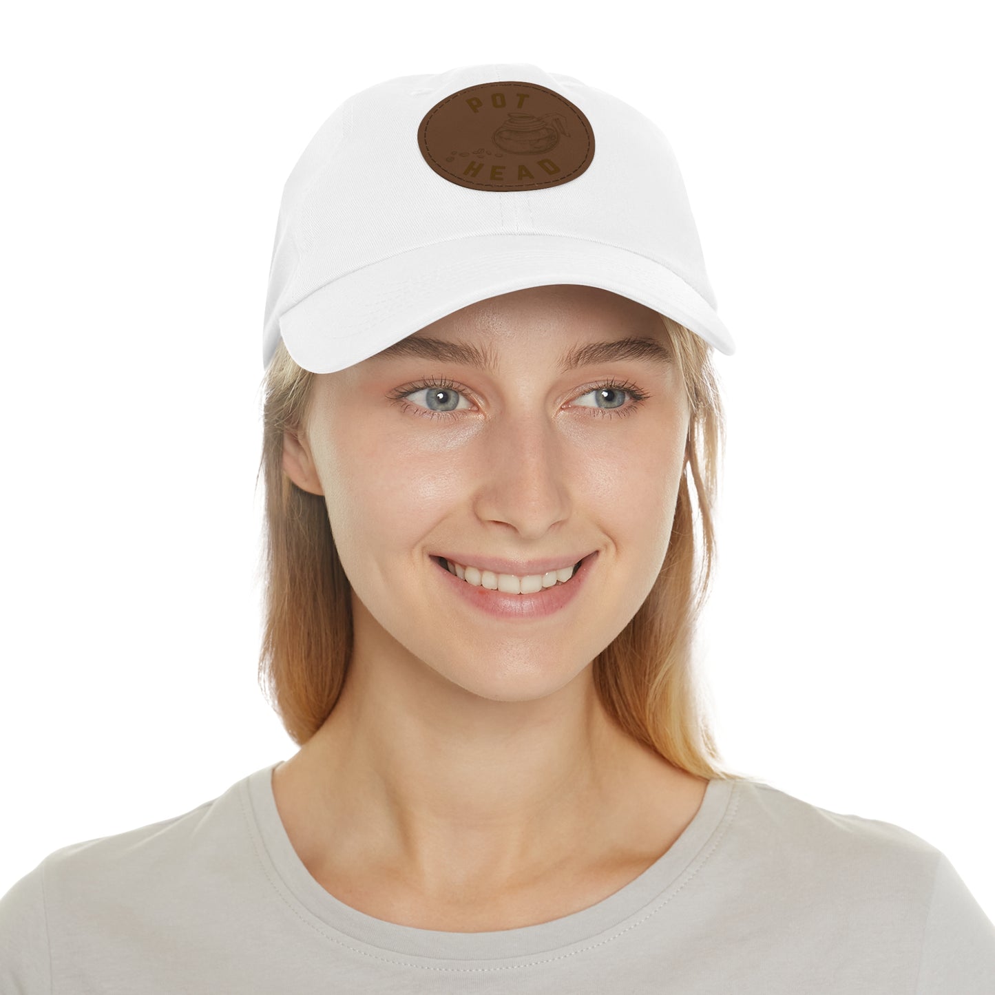 Pot Head - Coffee Leather Patch Dad Hat — Embossed Round Patch Cap for Coffee Lovers