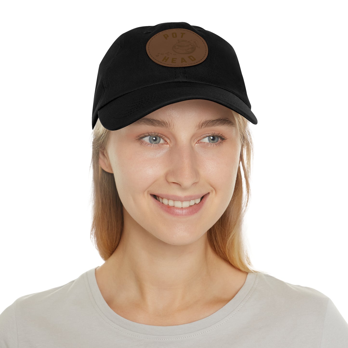 Pot Head - Coffee Leather Patch Dad Hat — Embossed Round Patch Cap for Coffee Lovers