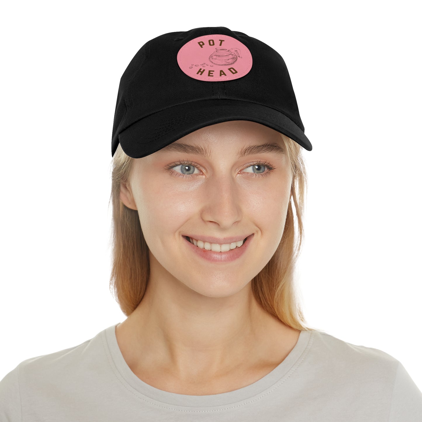 Pot Head - Coffee Leather Patch Dad Hat — Embossed Round Patch Cap for Coffee Lovers