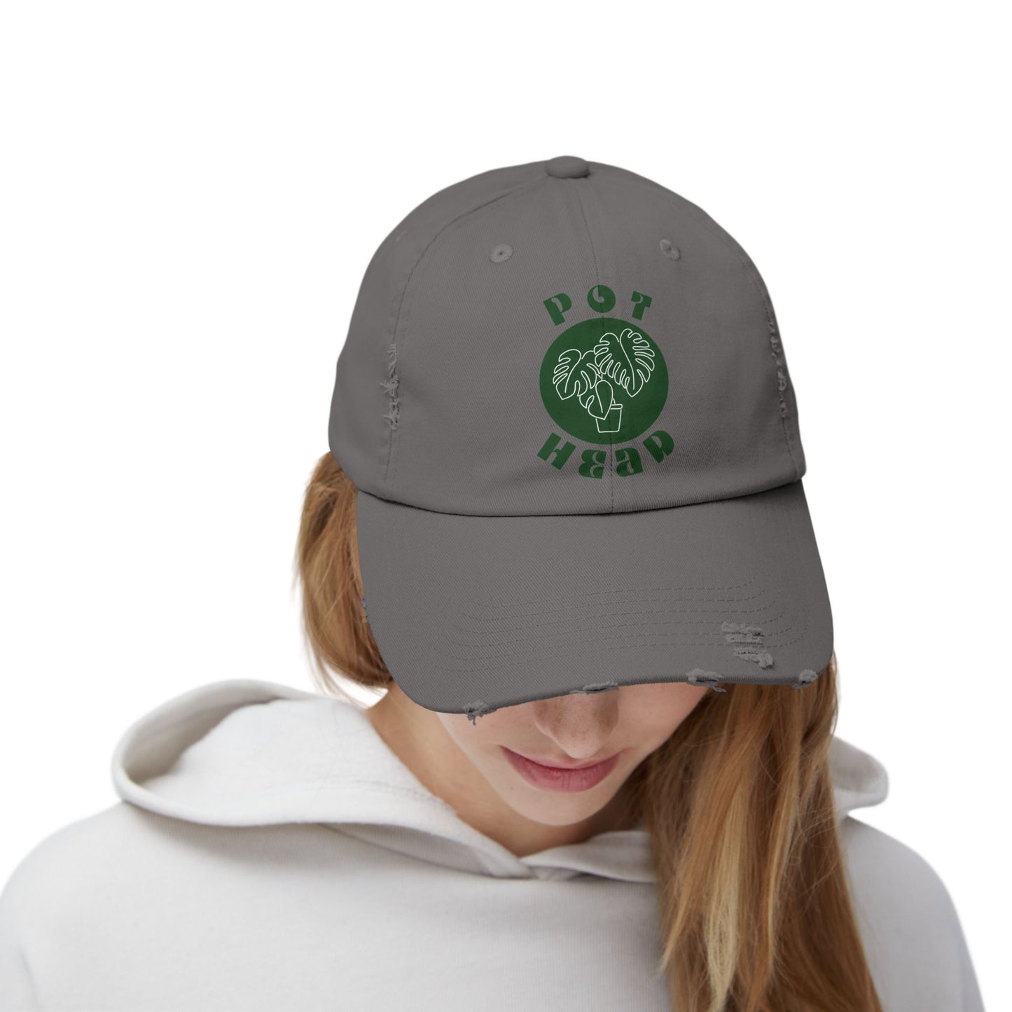 "Pot Head" Plant Lover's Distressed Cap - Green Monstera Fan Baseball Hat