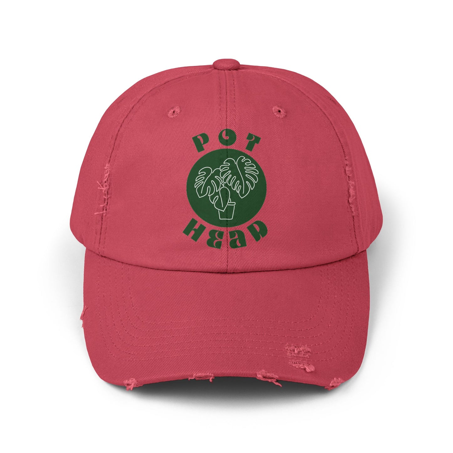 "Pot Head" Plant Lover's Distressed Cap - Green Monstera Fan Baseball Hat