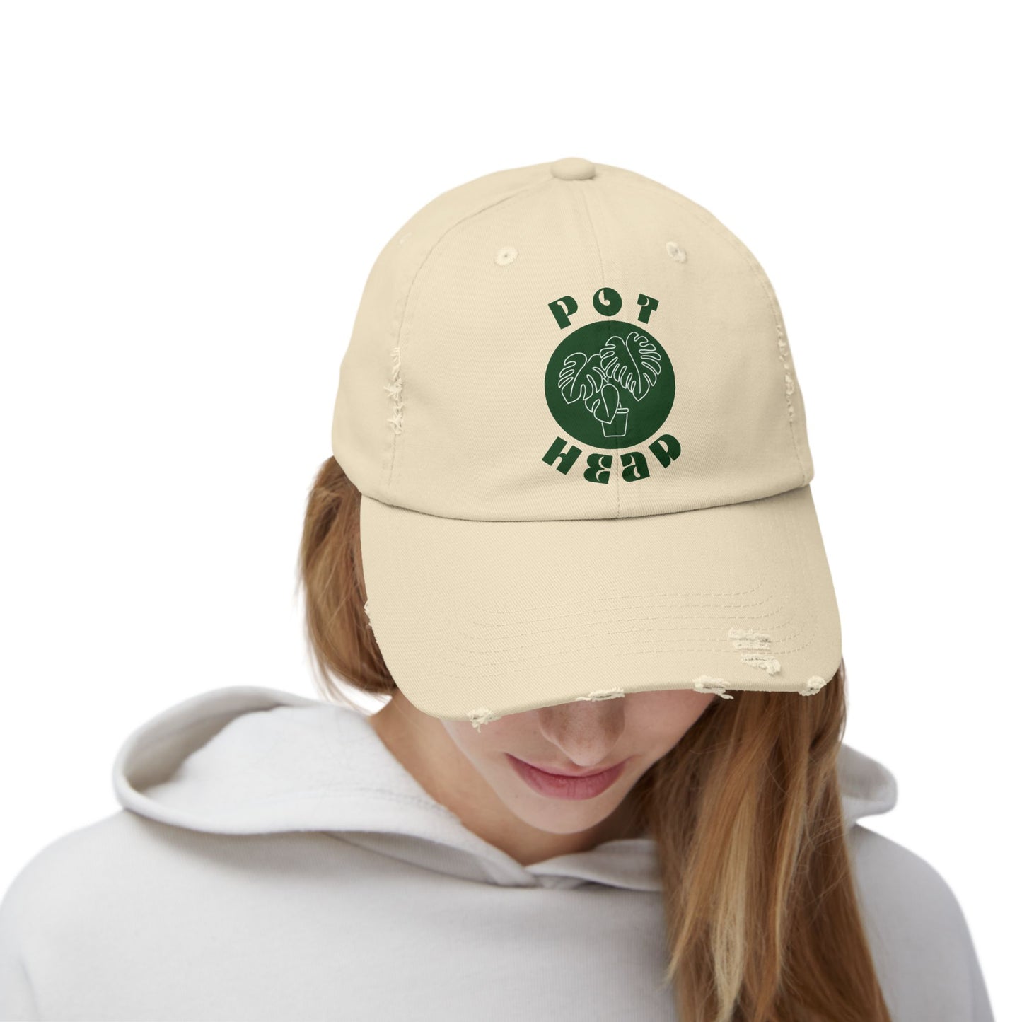 "Pot Head" Plant Lover's Distressed Cap - Green Monstera Fan Baseball Hat