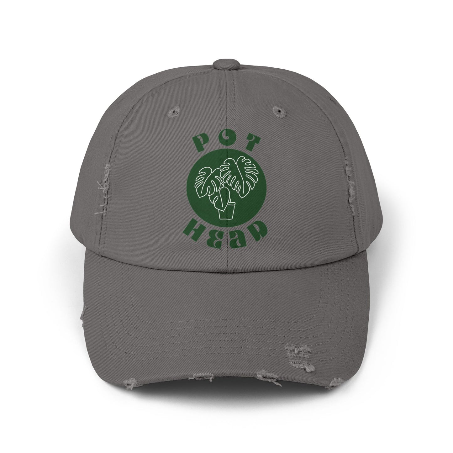 "Pot Head" Plant Lover's Distressed Cap - Green Monstera Fan Baseball Hat