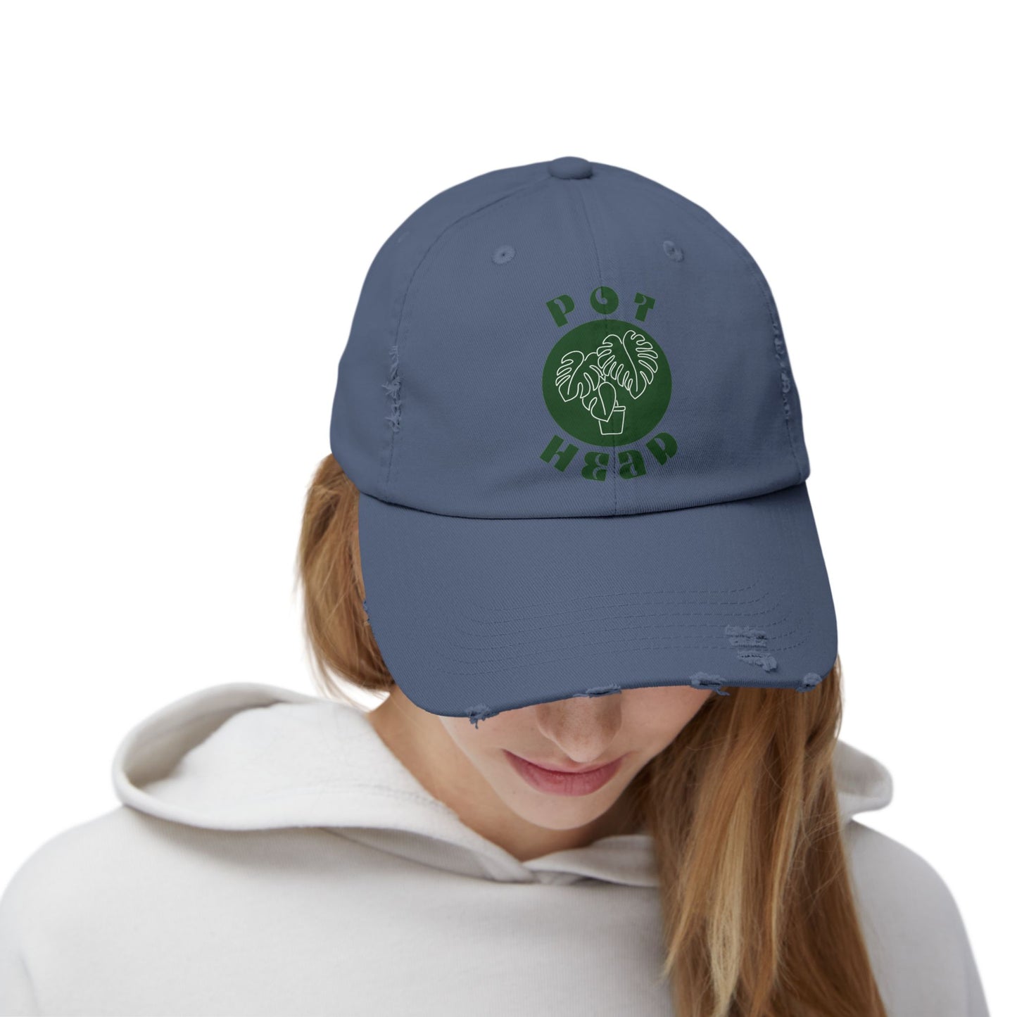 "Pot Head" Plant Lover's Distressed Cap - Green Monstera Fan Baseball Hat