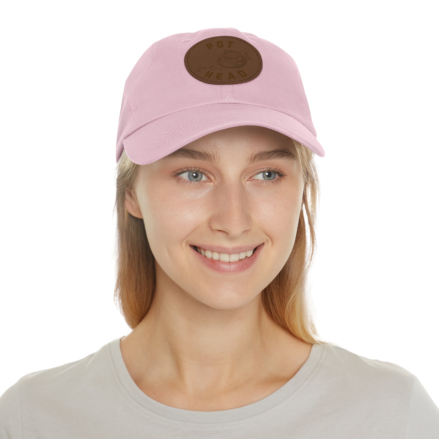 Pot Head - Coffee Leather Patch Dad Hat — Embossed Round Patch Cap for Coffee Lovers