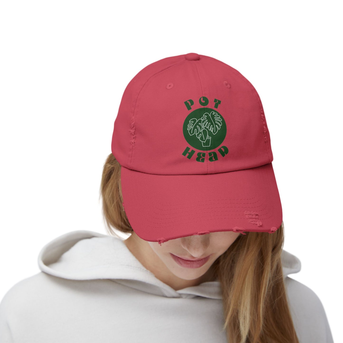 "Pot Head" Plant Lover's Distressed Cap - Green Monstera Fan Baseball Hat