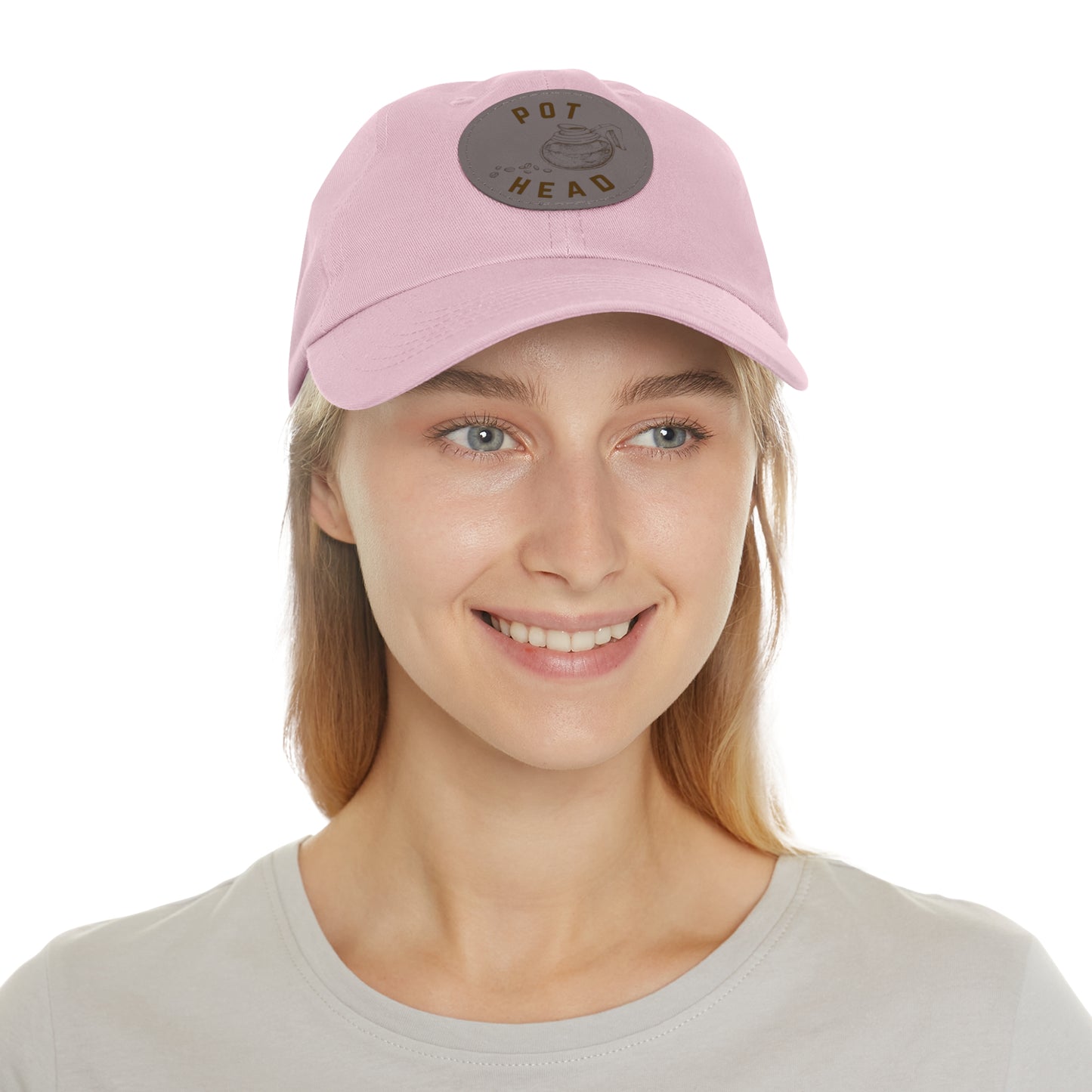 Pot Head - Coffee Leather Patch Dad Hat — Embossed Round Patch Cap for Coffee Lovers