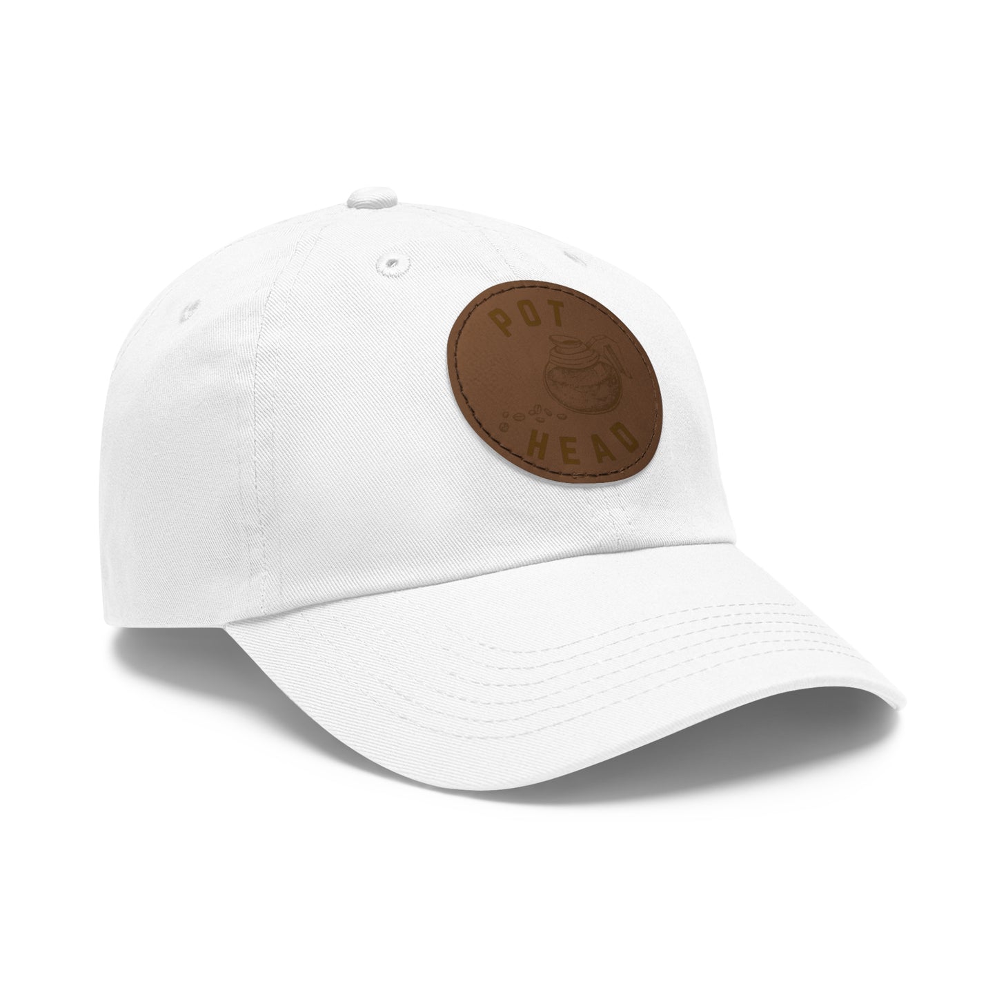 Pot Head - Coffee Leather Patch Dad Hat — Embossed Round Patch Cap for Coffee Lovers