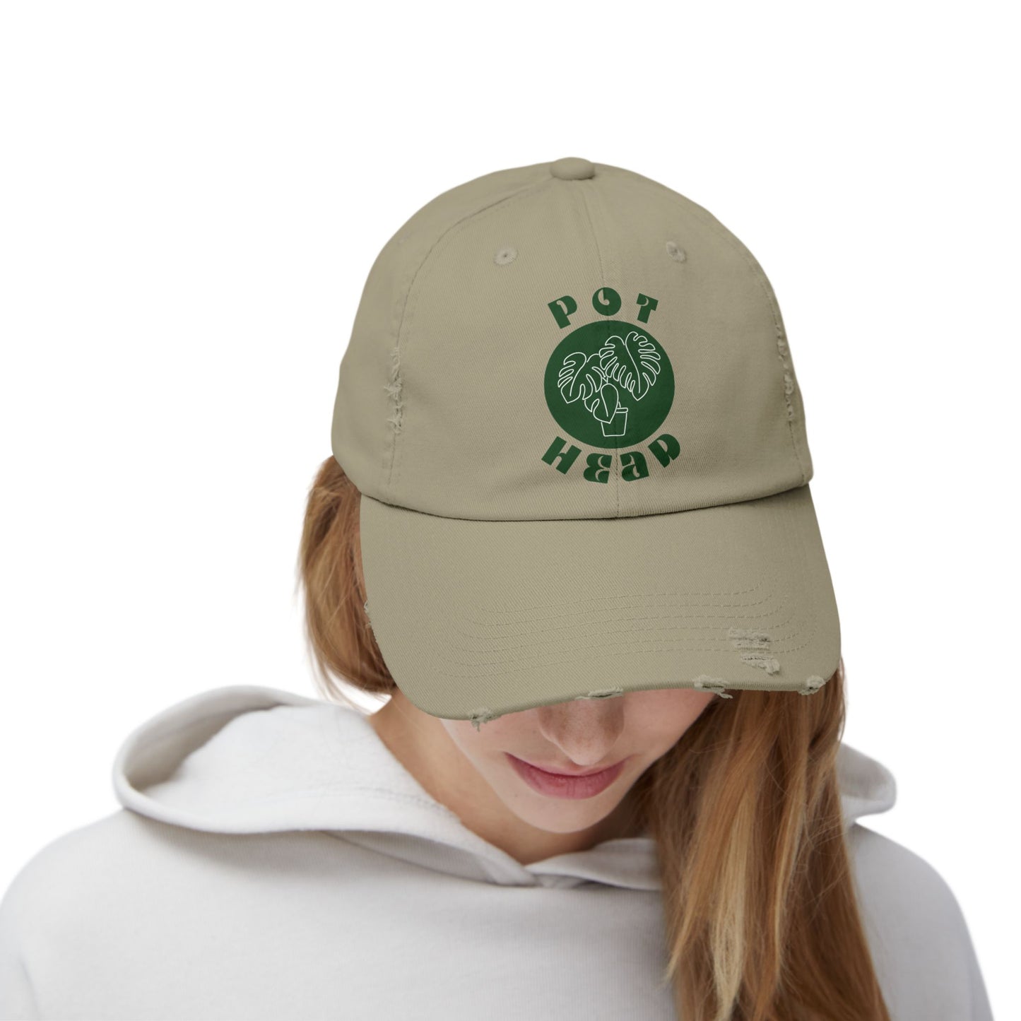 "Pot Head" Plant Lover's Distressed Cap - Green Monstera Fan Baseball Hat