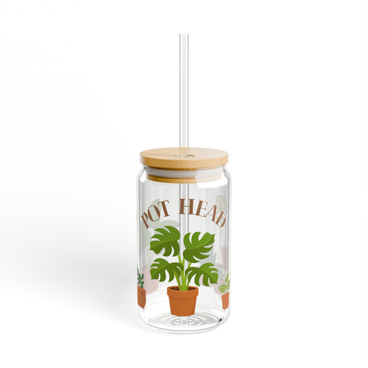 Plant Lover Sipper Glass 16oz — 'Pot Head' Botanical Tumbler with Straw