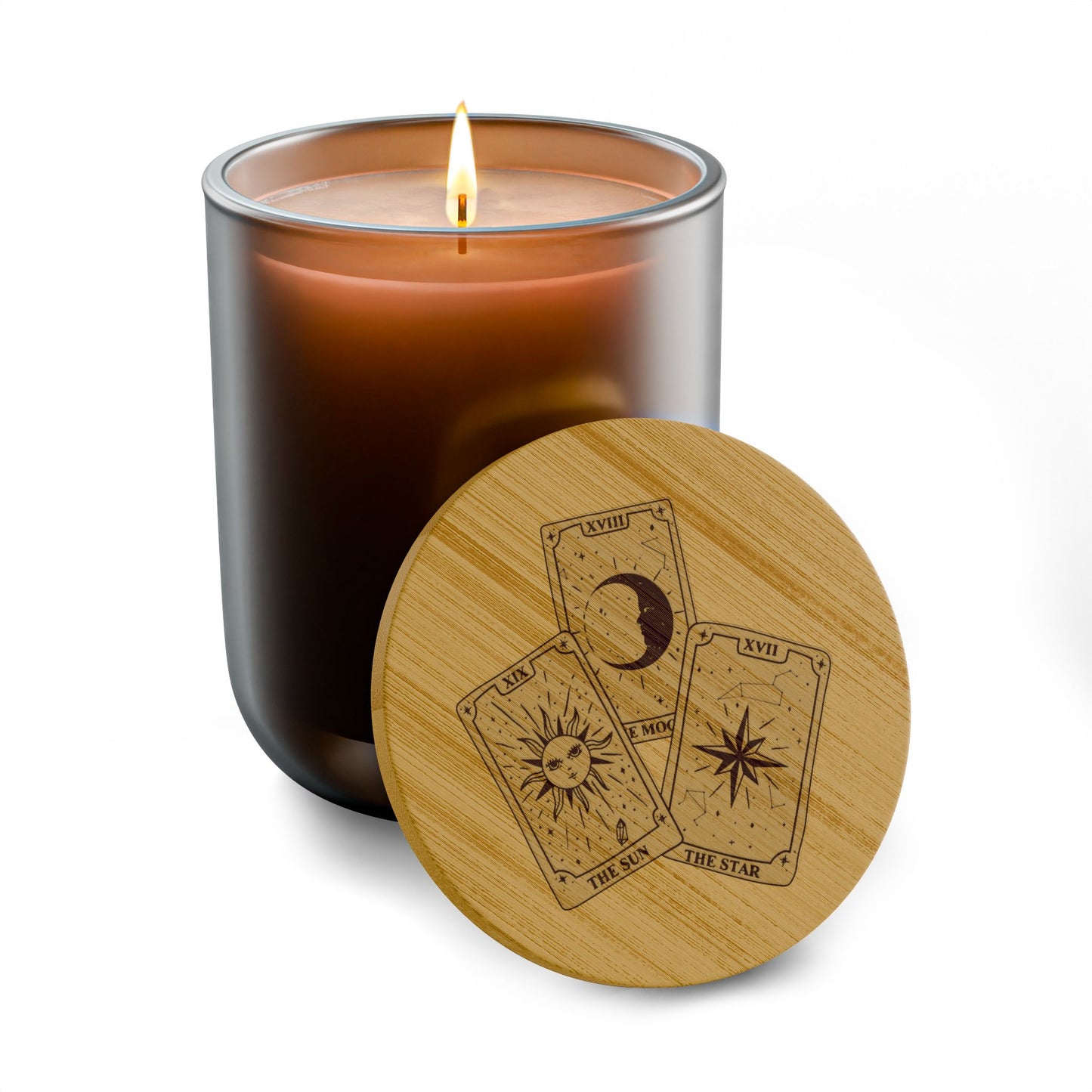 14oz Tarot Card Engraved Soy Candle — Moon, Stars & Sun Tarot Card w/Bamboo Lid