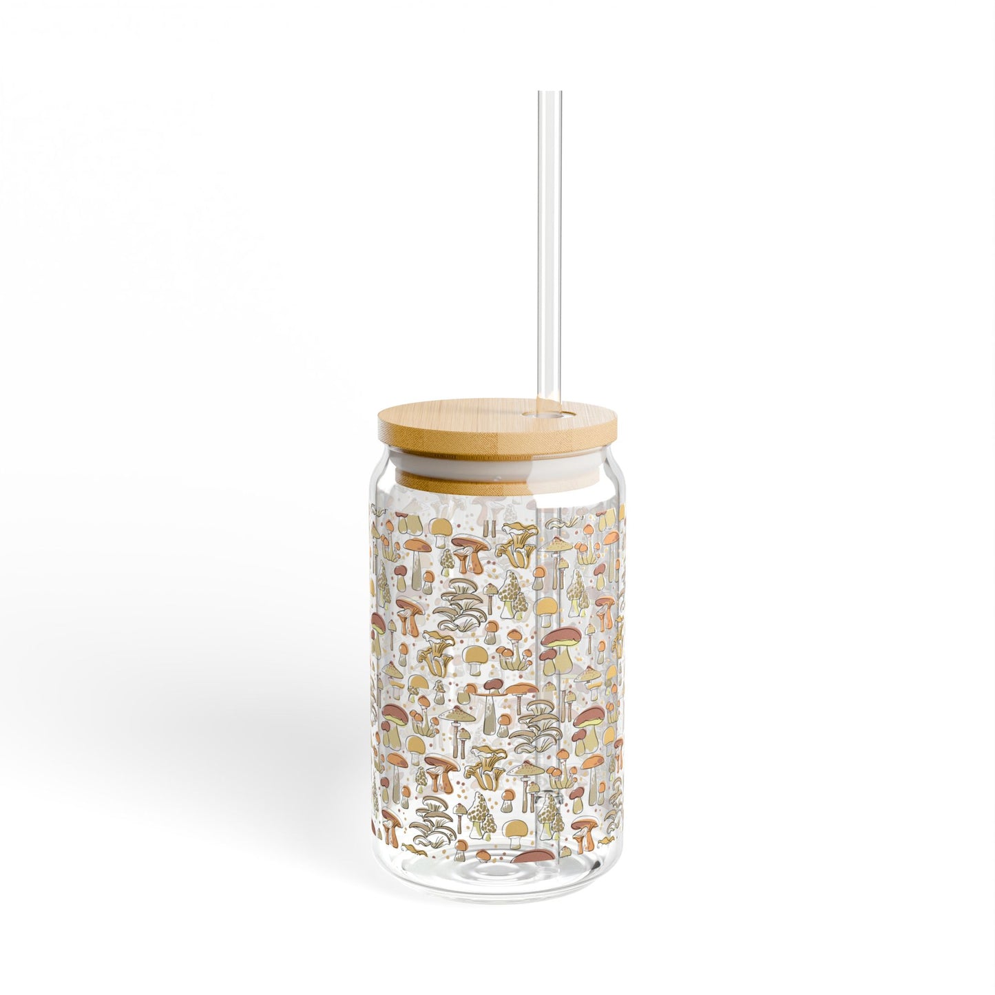 Mushroom Pattern Sipper Glass – 16oz Bamboo Lid & Straw, Botanical Nature Drink Tumbler