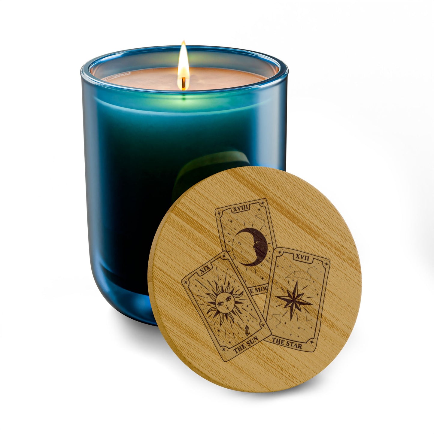 14oz Tarot Card Engraved Soy Candle — Moon, Stars & Sun Tarot Card w/Bamboo Lid