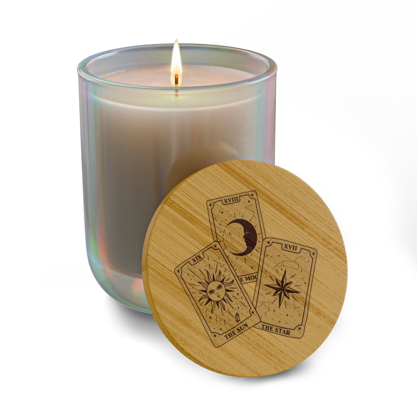 14oz Tarot Card Engraved Soy Candle — Moon, Stars & Sun Tarot Card w/Bamboo Lid