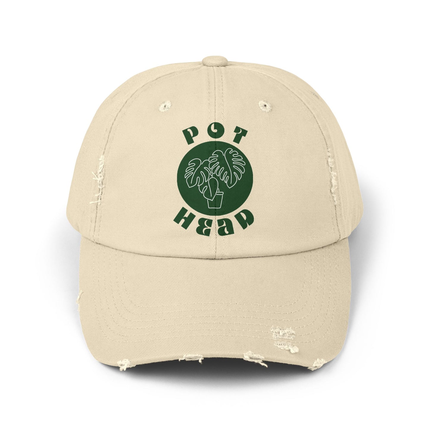 "Pot Head" Plant Lover's Distressed Cap - Green Monstera Fan Baseball Hat