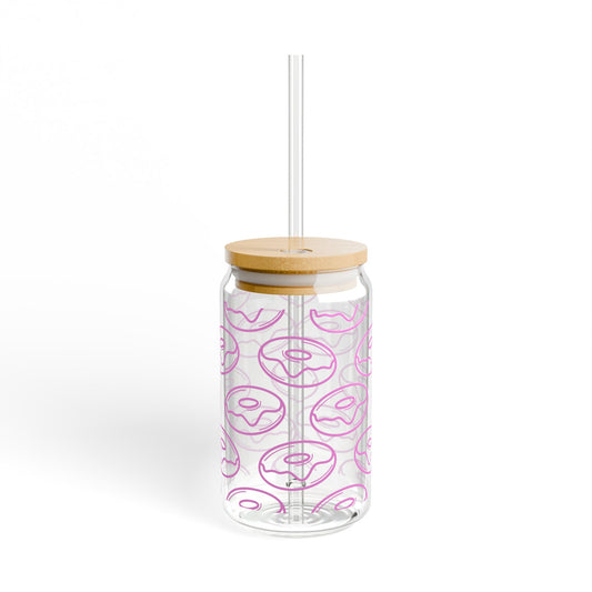 Donut Pattern Sipper Glass — 16oz Clear Jar with Bamboo Lid & Straw