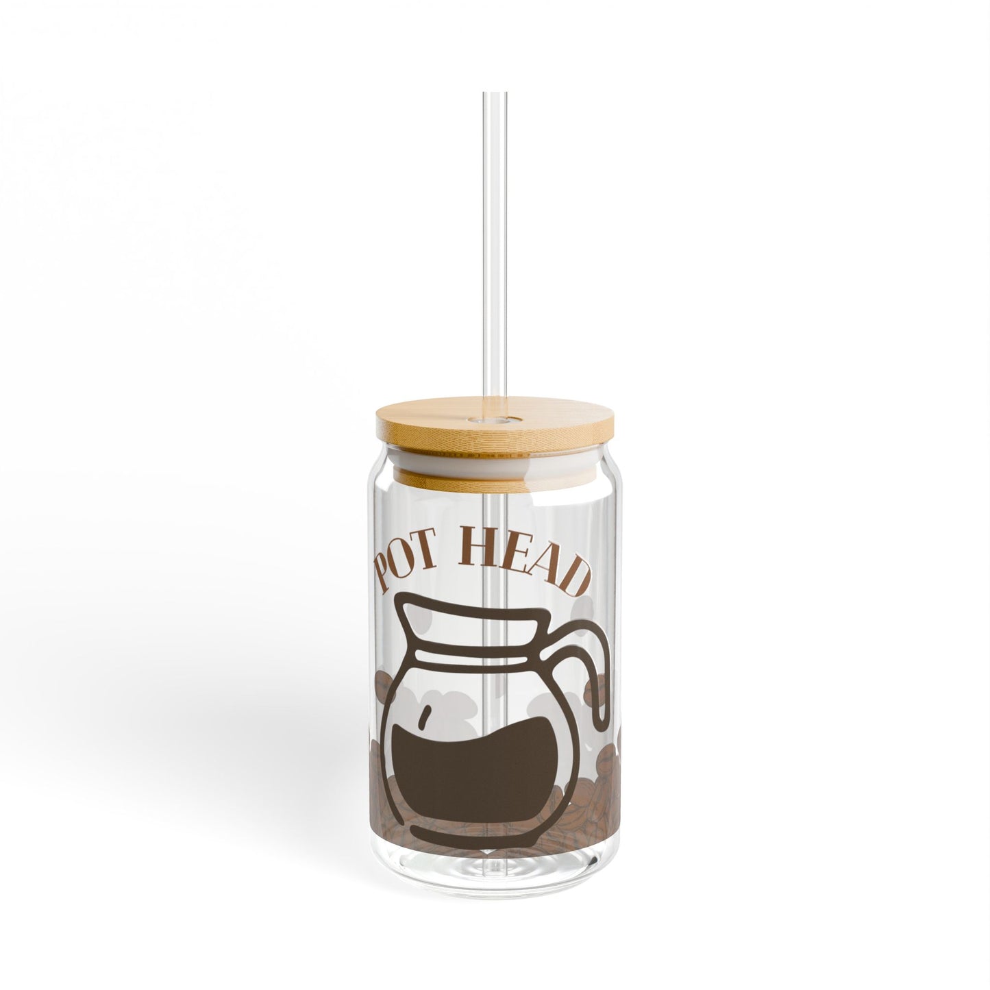 Coffee Glass Tumbler - "Pot Head", 16oz Reusable Straw Cup for Coffee Lovers