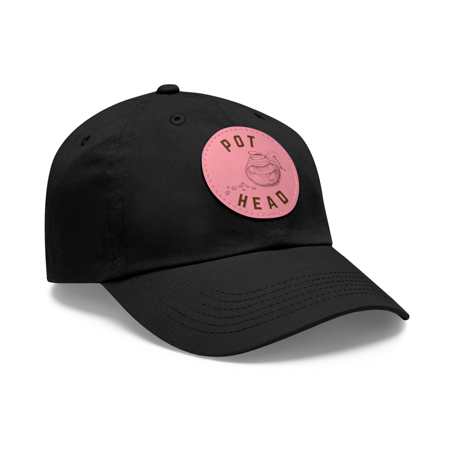 Pot Head - Coffee Leather Patch Dad Hat — Embossed Round Patch Cap for Coffee Lovers