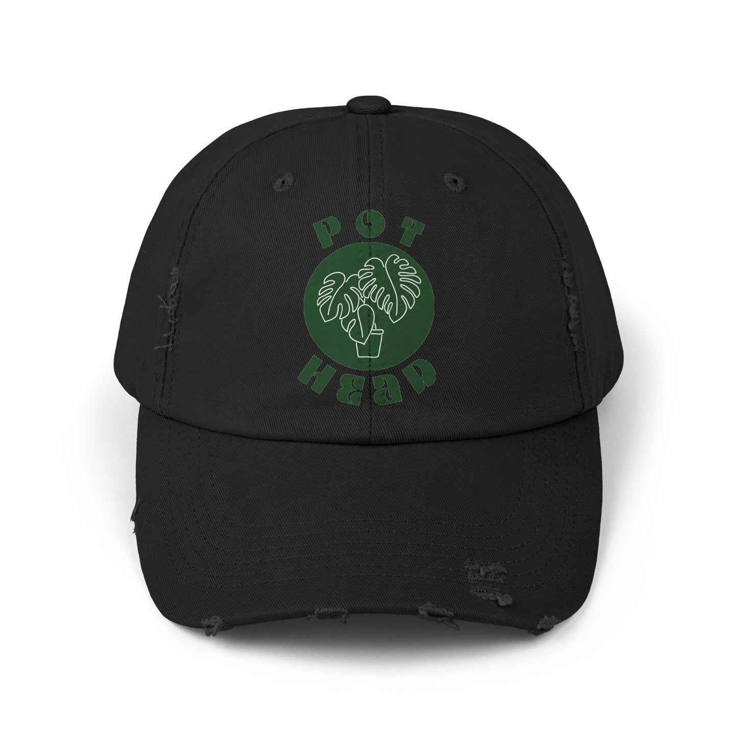 "Pot Head" Plant Lover's Distressed Cap - Green Monstera Fan Baseball Hat
