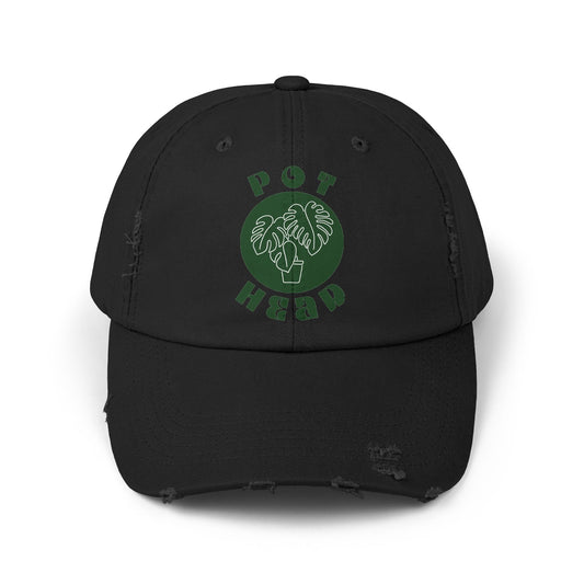 "Pot Head" Plant Lover's Distressed Cap - Green Monstera Fan Baseball Hat